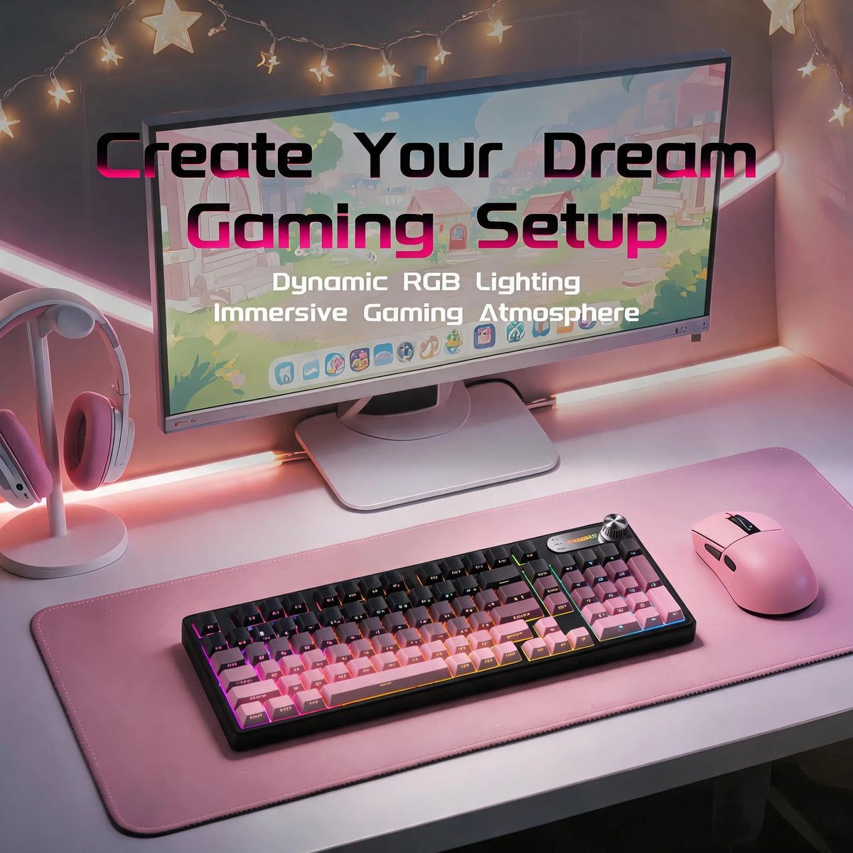 RGB Mechanical Style Keyboard 98 Keys Wireless Tri-Mode Silent with Volume Roller Gradient Keycaps Gaming Setup PC Mac
