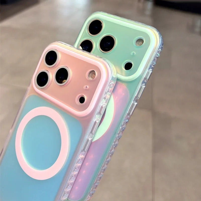 Luxury Laser Aurora Gradient For Magsafe Phone Case For iPhone 18 15 16 17 Pro Max Magnetic Wireless Charging Hard Bumper Cover