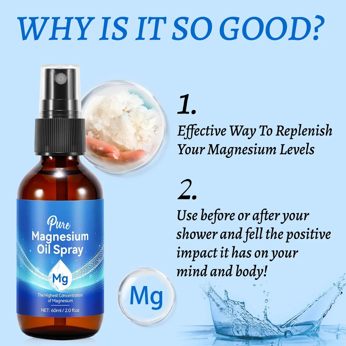 Magnesium Body Oil Spray 60ml 10 Percent Mineral Rich Formula for Muscle and Skin Care Natural Chloride Solution
