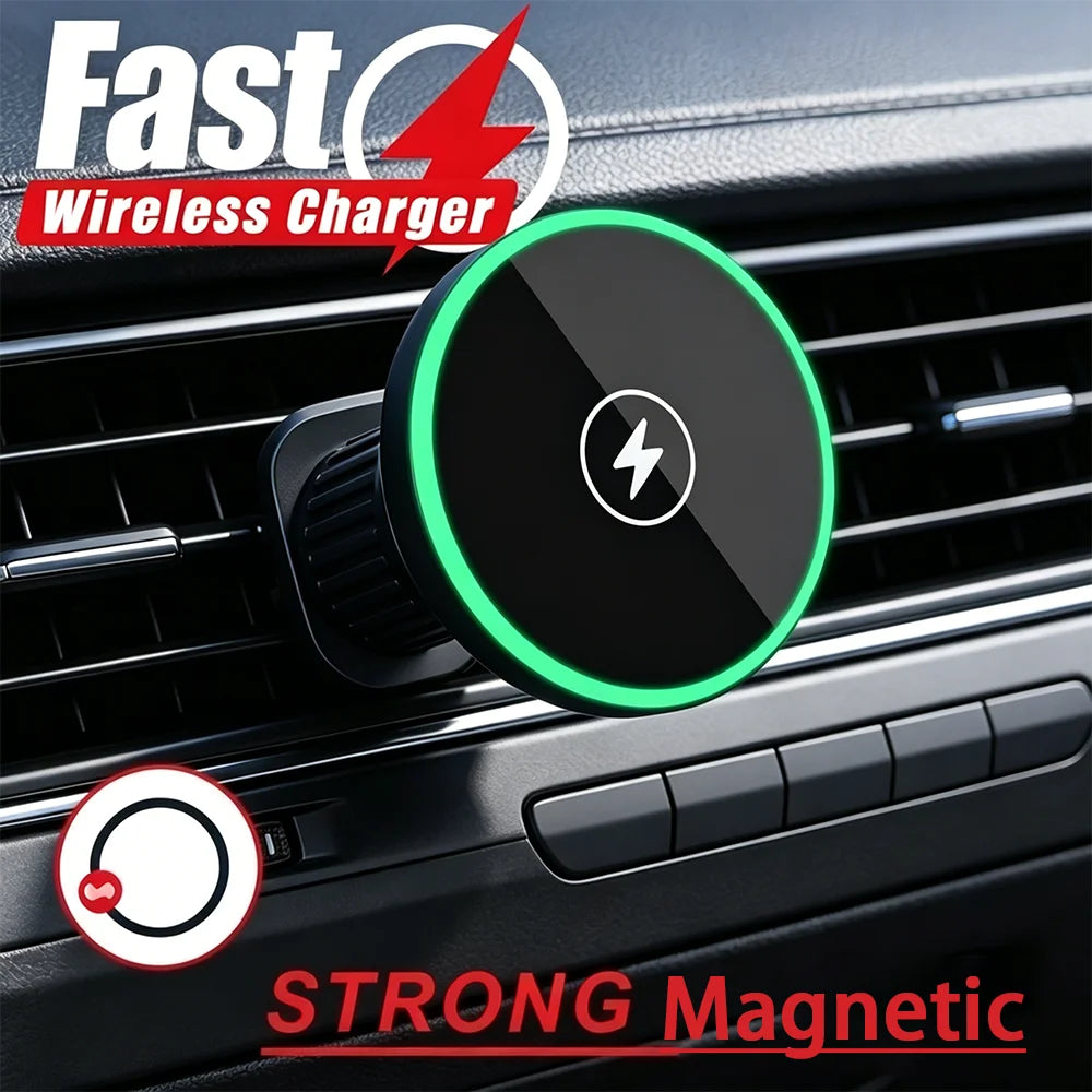 30W Fast Charging Magnetic Car Wireless Charger, LED Light Phone Mount Holder for iPhone 12, 13, 14, 15，16，17， Pro Max