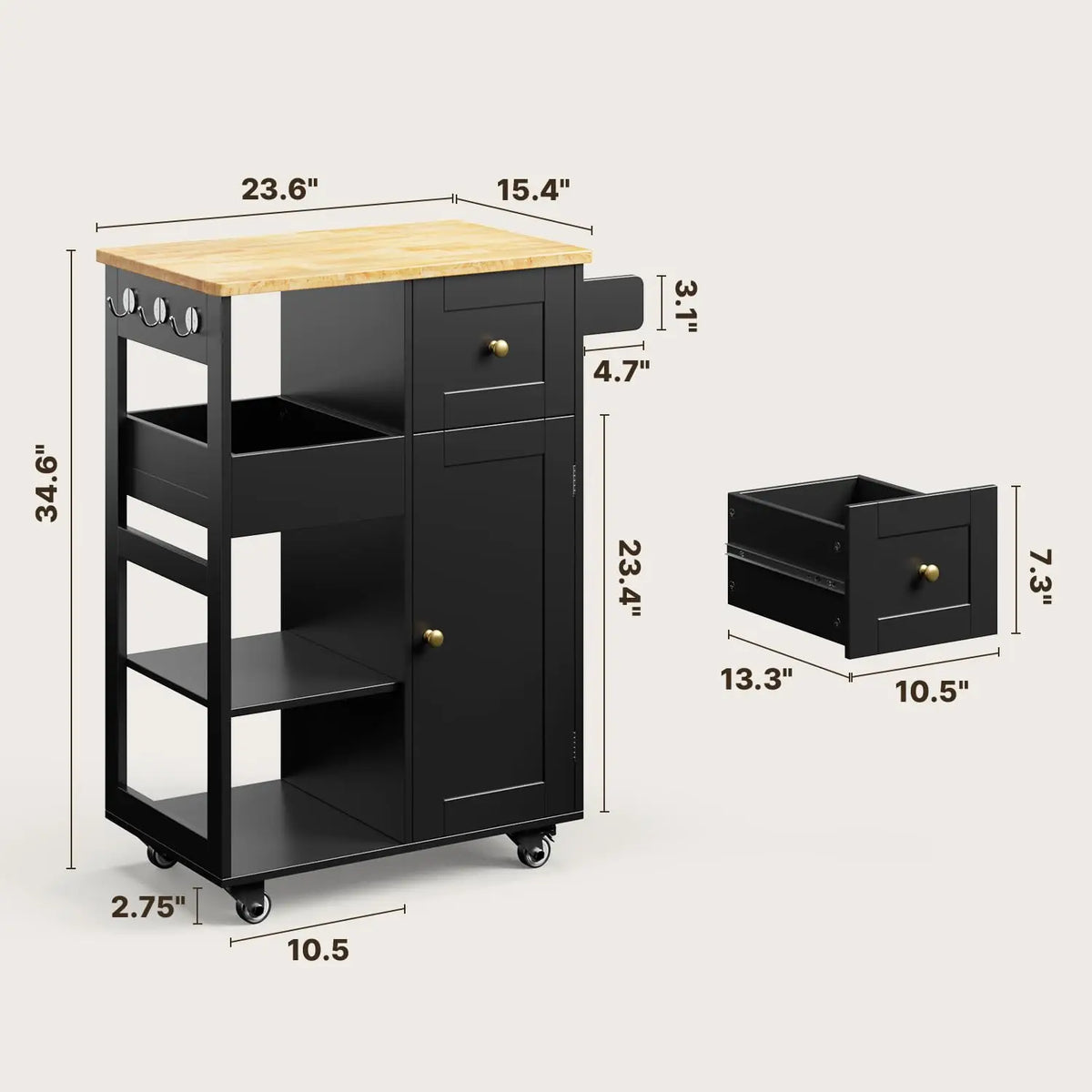 Kitchen Island Cart with Thickened Wooden Countertop, Rolling Cabinet with Drawers & Shelves for Dining Room, Black, Customized