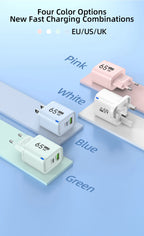65W 2 In 1 USB Type C Fast Charging Charger PD High Speed Charge For iPhone Xiaomi Huawei Samsung Oneplus Mobile Phone Adapter