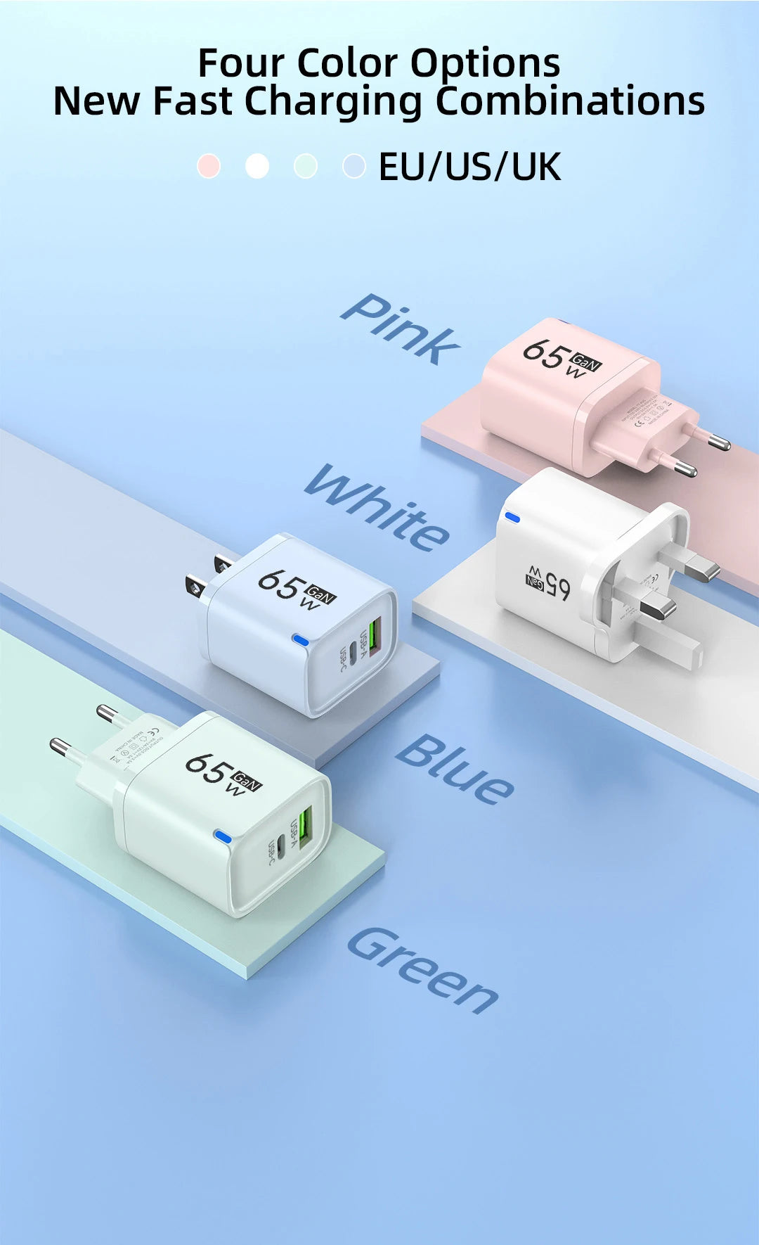 65W 2 In 1 USB Type C Fast Charging Charger PD High Speed Charge For iPhone Xiaomi Huawei Samsung Oneplus Mobile Phone Adapter