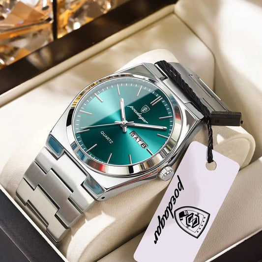 Poedagar Mens Stainless Steel Watch Waterproof Luminous Quartz Date Display