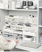 1PC 2-Tier Desk Organizer & Drawer Storage|With Tilt Pen Holder, Raised Bookshelf |Matte White PVC For Stationery, Cosmetics, O