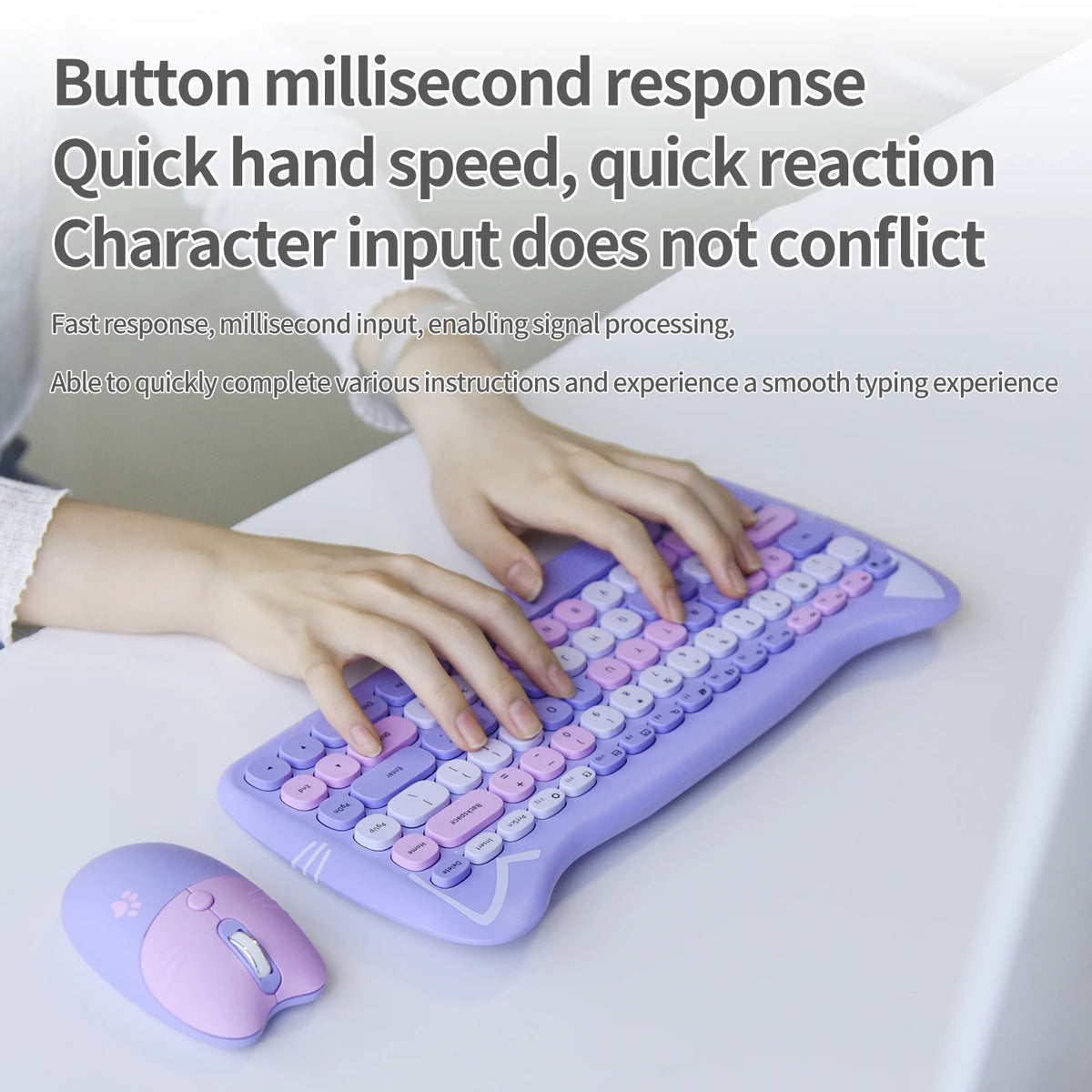 GEEZER Wireless Silent Keyboard Mouse Combo, Pink-Black Cat Ear Retro Round Keycaps US QWERTY Layout
