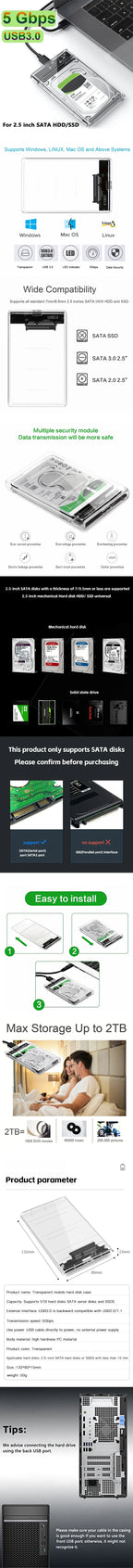 Transparent HDD Case HDD Enclosure 2.5 Inch SSD SATA To USB 2.0 Type-C Adapter Portable External Hard Drive Box Tool-Free