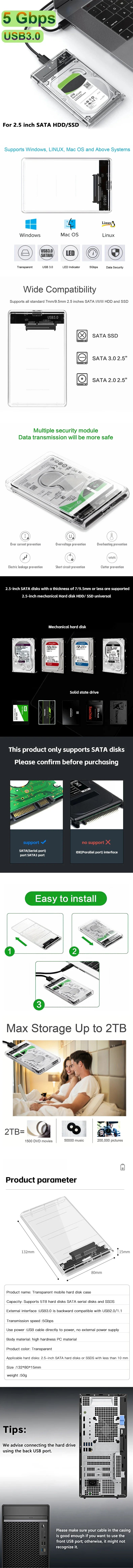 Transparent HDD Case HDD Enclosure 2.5 Inch SSD SATA To USB 2.0 Type-C Adapter Portable External Hard Drive Box Tool-Free