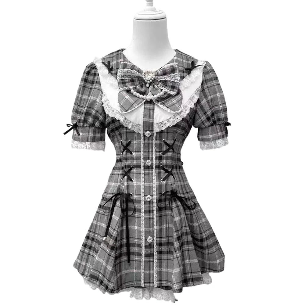 Y2k Aesthetic Lolita Style Bow Dress Shorts Set Japanese Women Gothic Lace Flare Sleeve Button Shirt Dress Punk Party Mini Dress