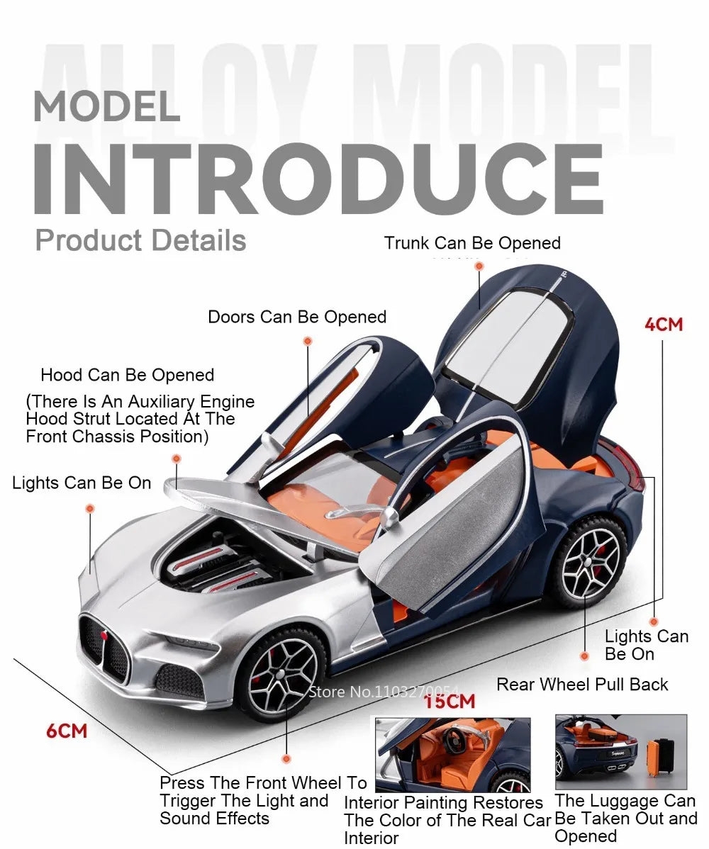 1:32 Atlantic Tourbillon Car Model Alloy Diecast Toys Doors Opened Sound Light Pull Back Miniature Models Office Table Ornaments