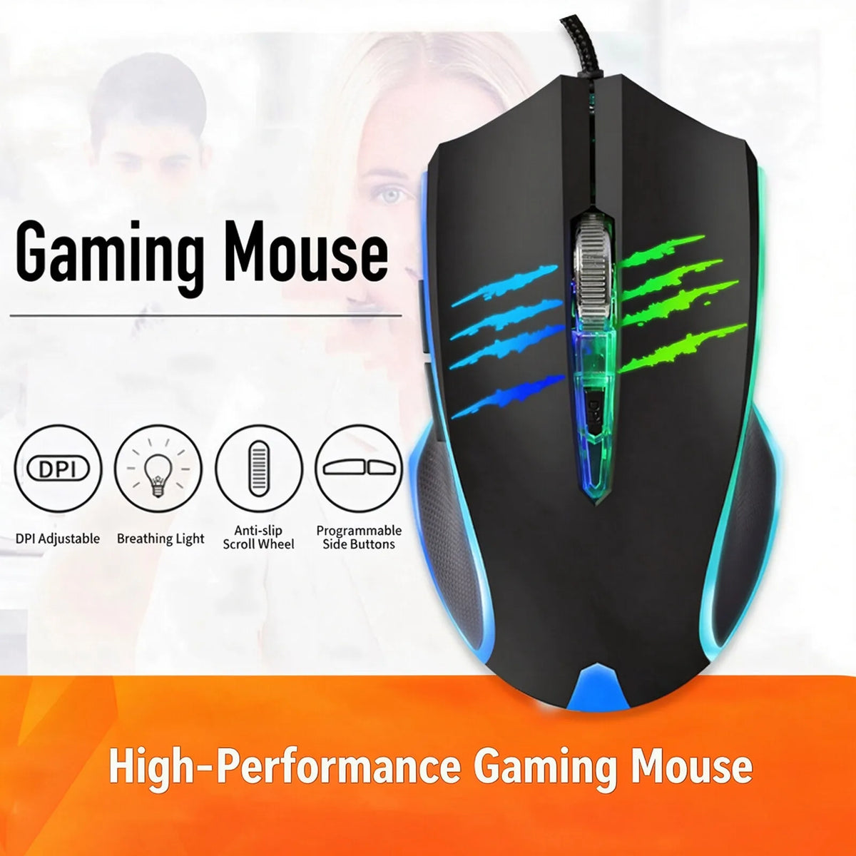 Wired Gaming Mouse RGB Breathing Light 3 Level Adjustable DPI Ergonomic Symmetric Design Skin Friendly Surface Computer Mice