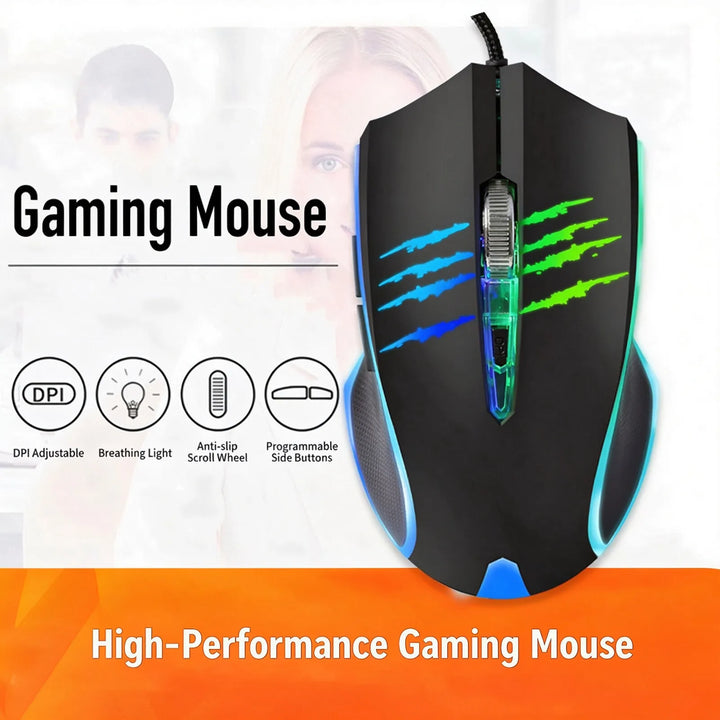 Wired Gaming Mouse RGB Breathing Light 3 Level Adjustable DPI Ergonomic Symmetric Design Skin Friendly Surface Computer Mice