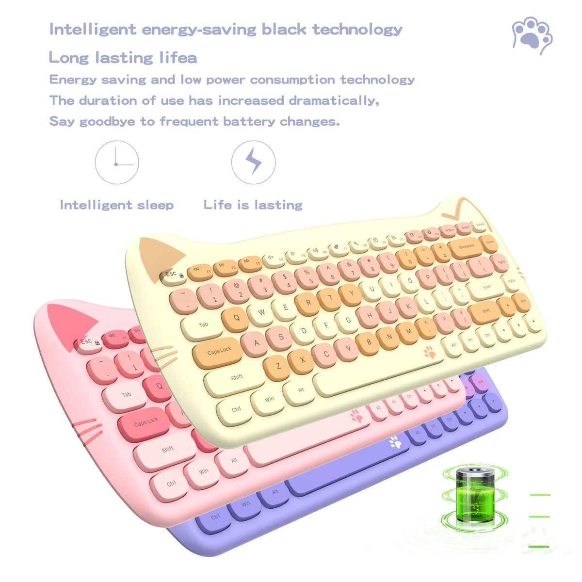 GEEZER Wireless Silent Keyboard Mouse Combo, Pink-Black Cat Ear Retro Round Keycaps US QWERTY Layout