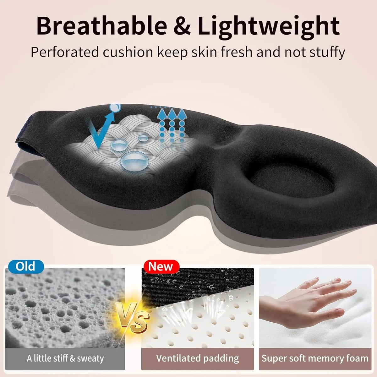 Sleep Mask for Back and Side Sleeper, Block Out Light, Zero Pressure Breathable Travel Eye Cover Black With Sleep Ear Plug