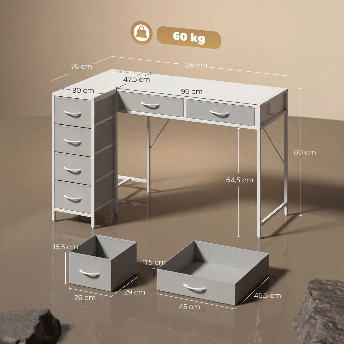 Homcom Reversible Corner Desk with 6 Drawers 126X48 cm with Power Outlet USB and Usb-C Charging Port White