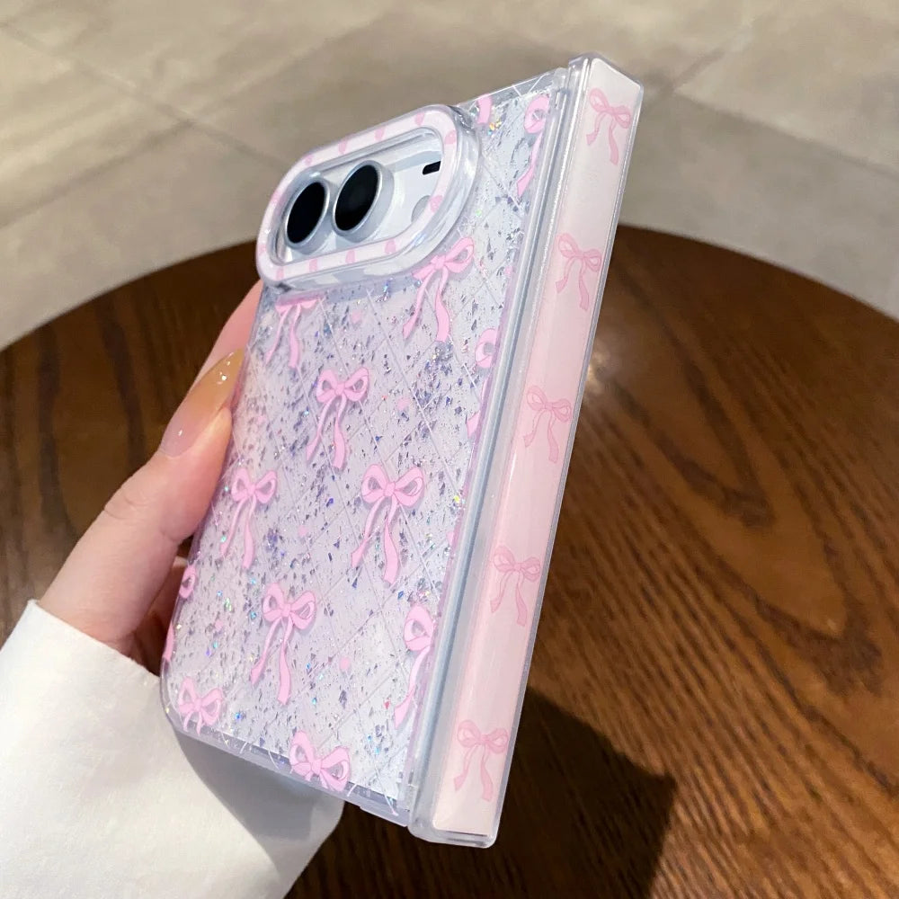 Luxury Glitter Sequins Transparent Bows Phone Case For iPhone Duo Clear Hinge Protection Soft Silicone Shockproof Bumper Cover