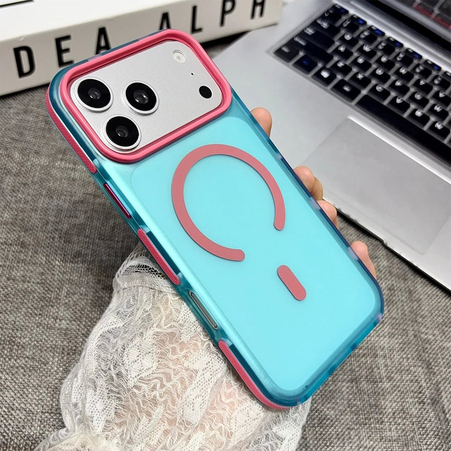 Dopamine Color Block Magnetic Phone Case for iPhone 18/17 Pro Max,16 Pro, 15 14, 13 Translucent Matte Full-Coverage Shockproof Cover with Raised Camera Protection, Compatible with MagSafe Wireless Charging