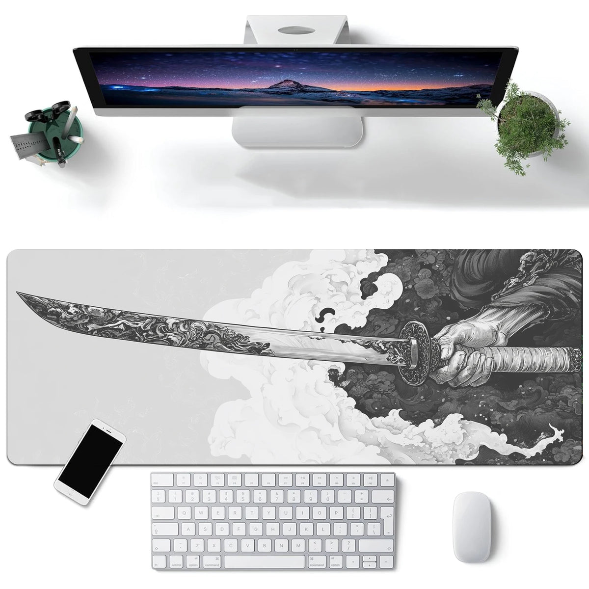 Black And White Comic Wind Sword Model Keyboard Mouse Pad Desk Mat Gaming Mouse Pad Non Slip Rubber Base Stitched Edges