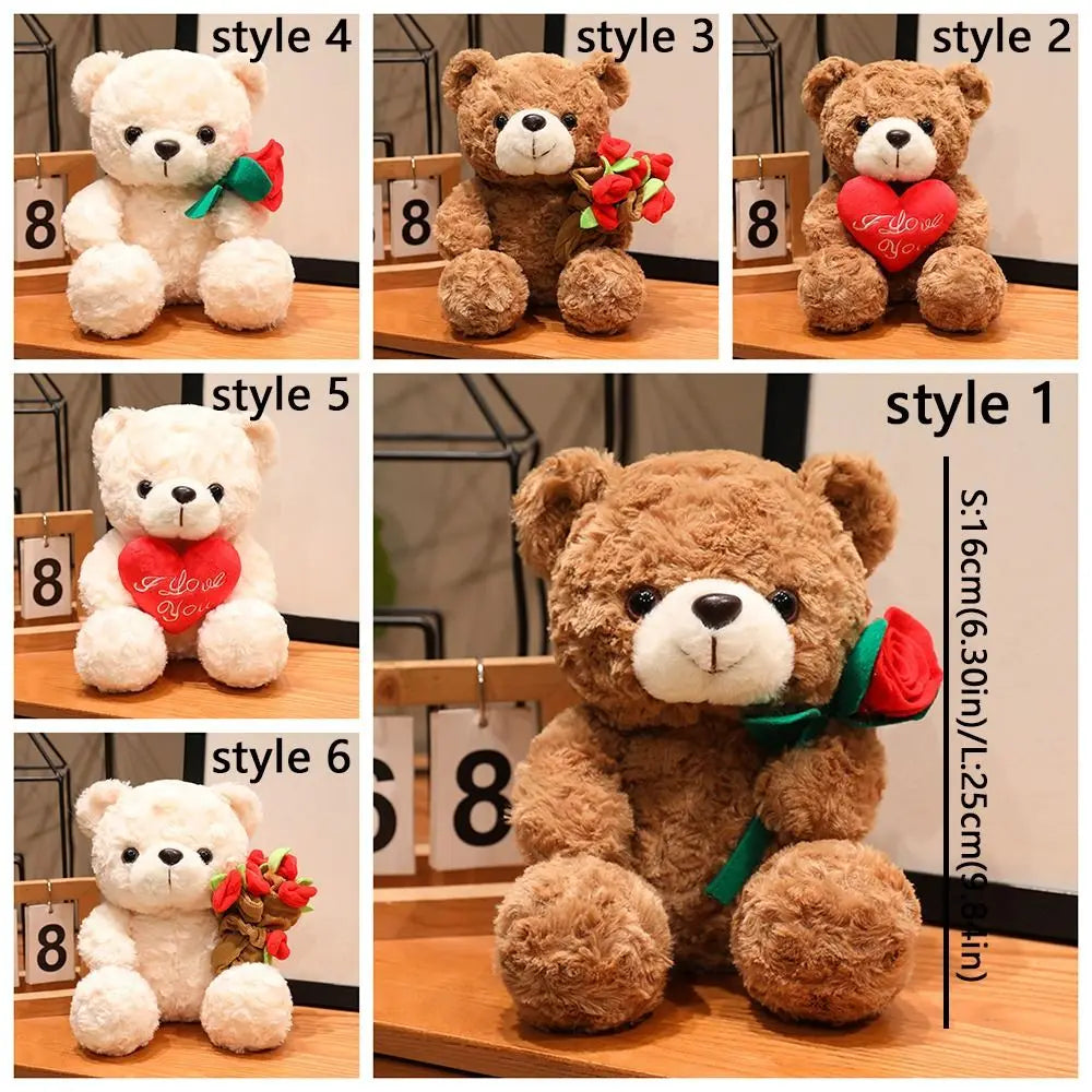 Lovely 16/25CM Bear Plush Toy Romantic Red Heart Rose Bear Doll Cute Soft Holding Flowers Bear Doll Home Decoration