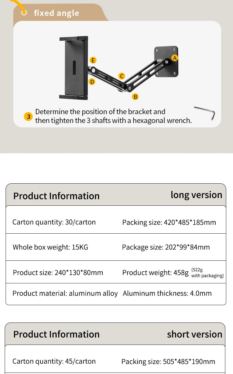 Adjustable Tablet and Phone Wall Mount Long Arm 360 Degree Rotating Holder