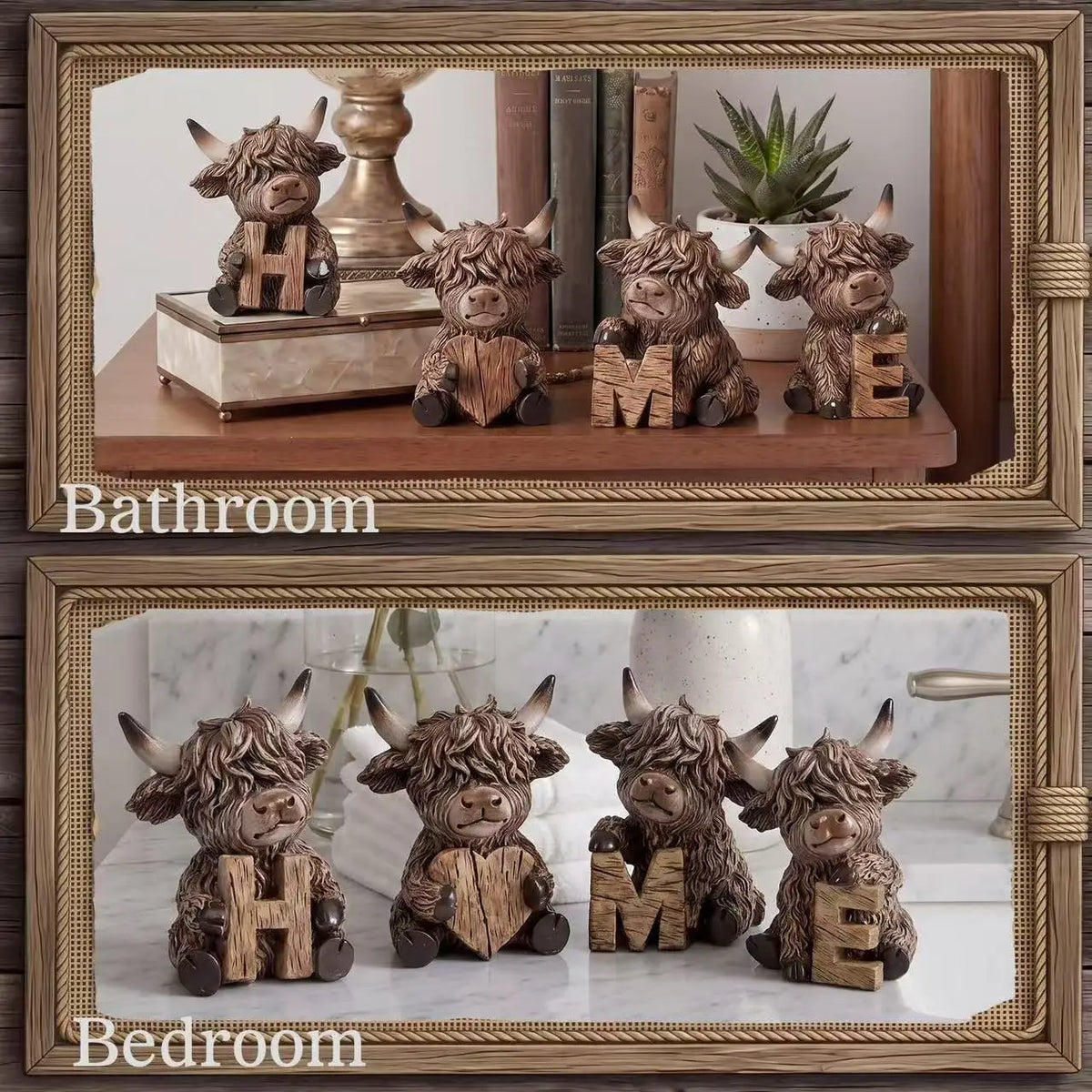 4-piece set, Highland cow ornaments, HOME letter style wooden Highland cow tabletop decoration, cow elf statue, suitable for living room, bedroom, fireplace mantel, and desk decoration