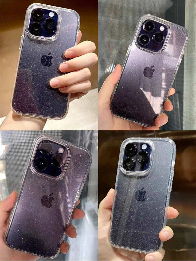 Luxury Bling Glitter Clear Phone Case For iPhone 11 12 13 14 15 16 17 Pro XR XS Max Mini Plus Shockproof Soft Transparent Cover