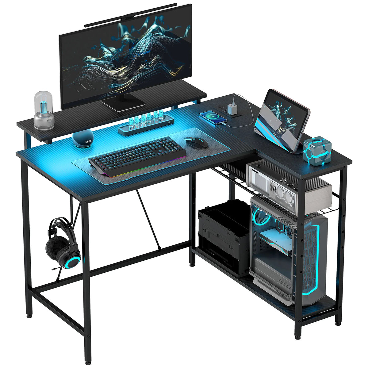 HOMCOM Desk angle reversible LED 2 sockets and 2 USB ports, 107x80cm, computer Desk with shelf, screen holder, basket adjustable and remote control, to study working bedroom, Black