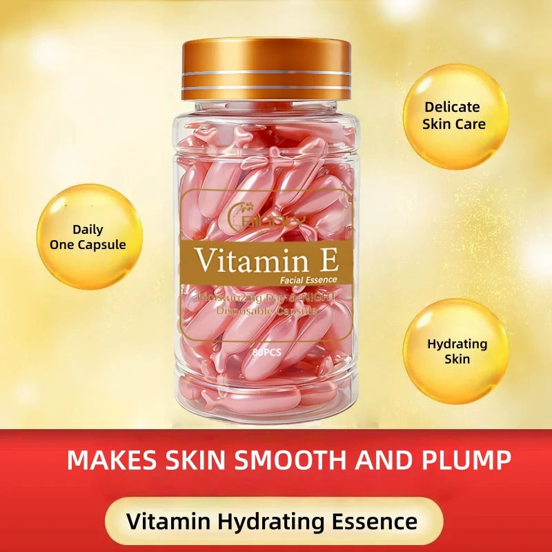80 Capsules of Vitamin E Facial Essence, Day and Night Moisturizing, Deeply Hydrating, Leaving Skin Soft and Supple, Pink Capsule Packaging, Safe and Hygienic, Easy to Carry