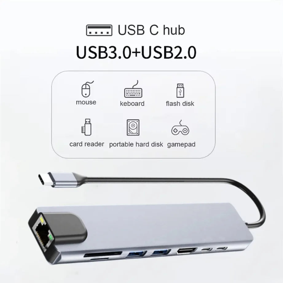 NEW USB C Hub 8In1 7In1 Type C Docking Station with USB3.0/2.0 HDMI SD/TF Card Reader PD Fast Charge for MacBook Notebook Laptop
