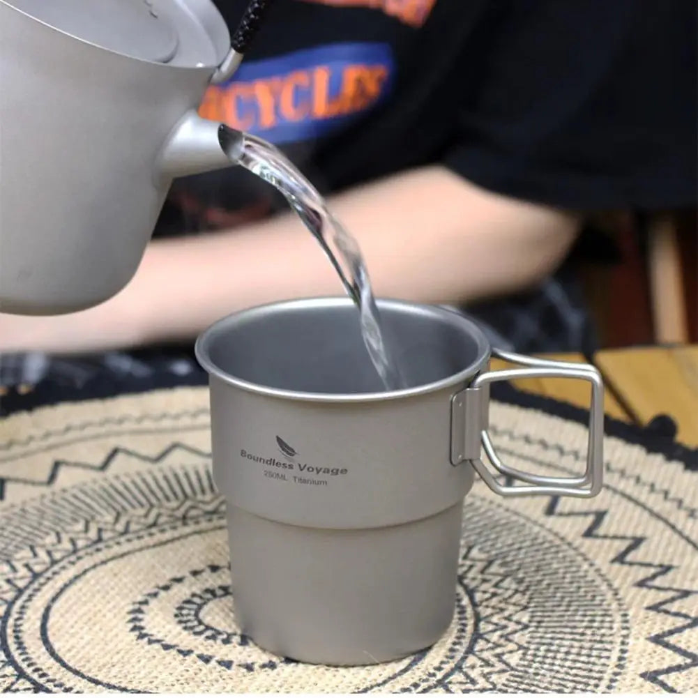 Pure Titanium Camping Cup with Lid Foldable Handle Lightweight Single Wall Mug Open Fire Coffee Tea Cup for Hiking Backpacking