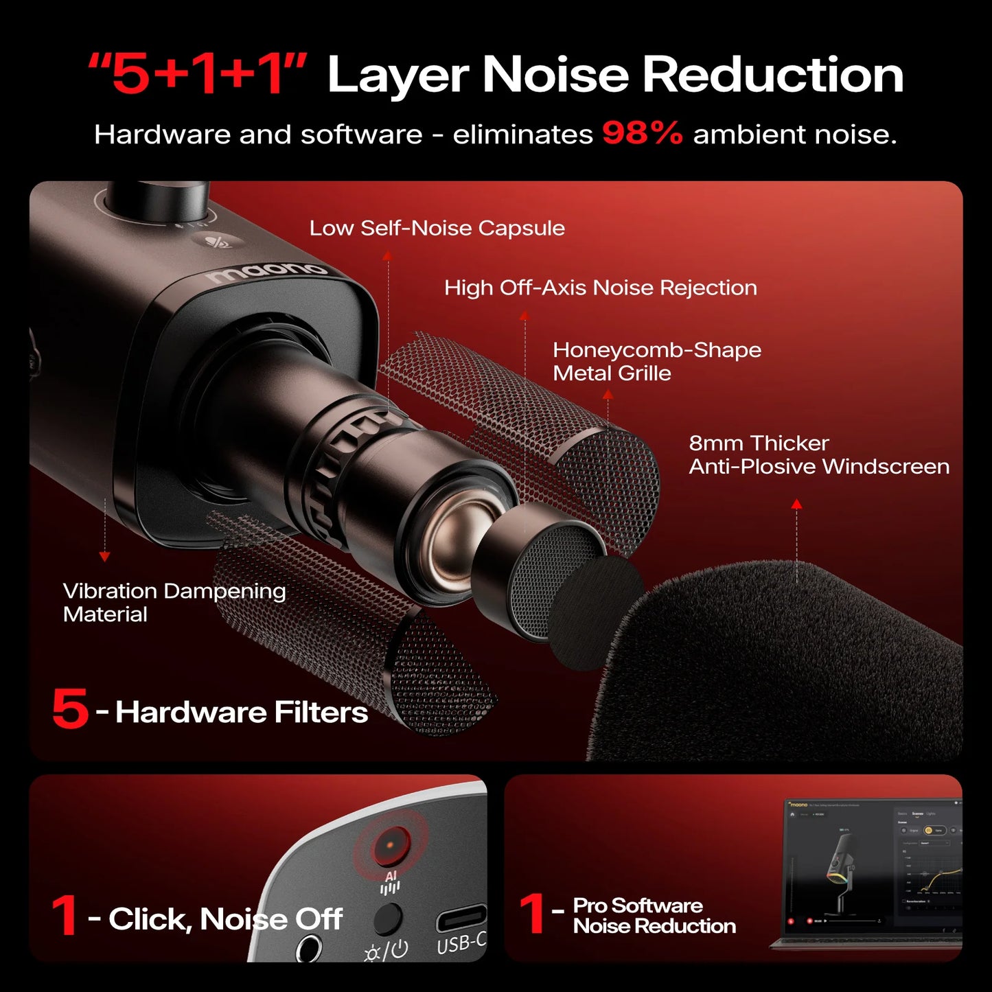 MAONO PD100W Wireless Dynamic Microphone Cardioid Dynamic Mic 50m Range One-Touch Noise Reduction RGB for Gaming Live Streaming