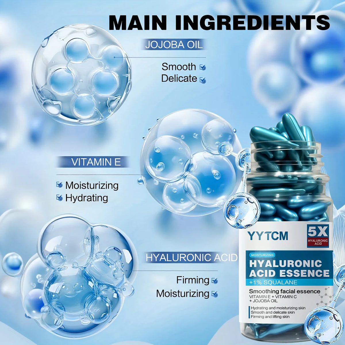 Hyaluronic Acid Deep Moisturizing Capsule Essence, Hydrates and Smoothes the Skin, Contains Plant-Derived Squalane, Vitamin E, Vi