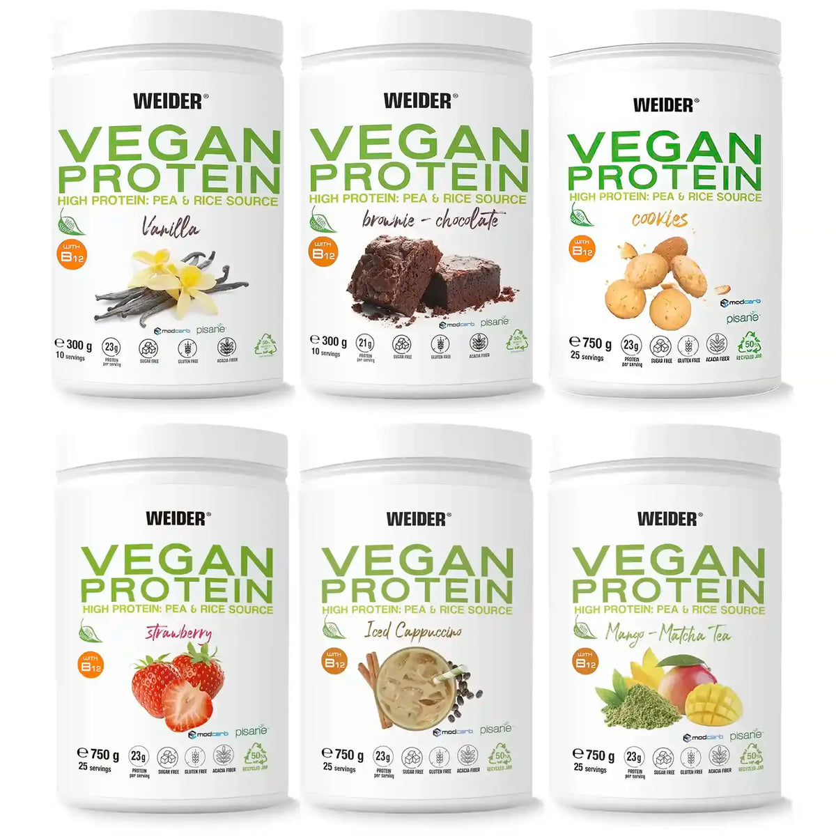 Weider vegan protein - 750 gr - 23g/dose isolated pea and rice. With vitamin b12 and stevia. Gluten free, sugar free.