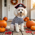 Halloween Pirate Pet Costume Set with Skull Hat Black White Striped Dog Cat Shirt Sweatshirt Spooky Cosplay Party Apparel Outfit