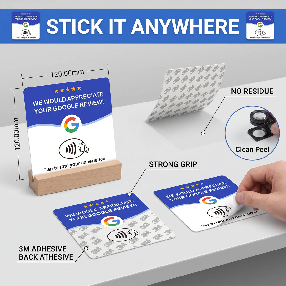 4-Pack Acrylic NFC Google Review Cards with Four Wooden Bases Included for Interactive Feedback And Reviews
