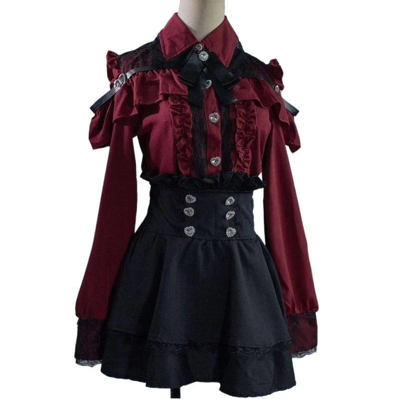 Y2k Aesthetic Lolita Style Bow Dress Shorts Set Japanese Women Gothic Lace Flare Sleeve Button Shirt Dress Punk Party Mini Dress