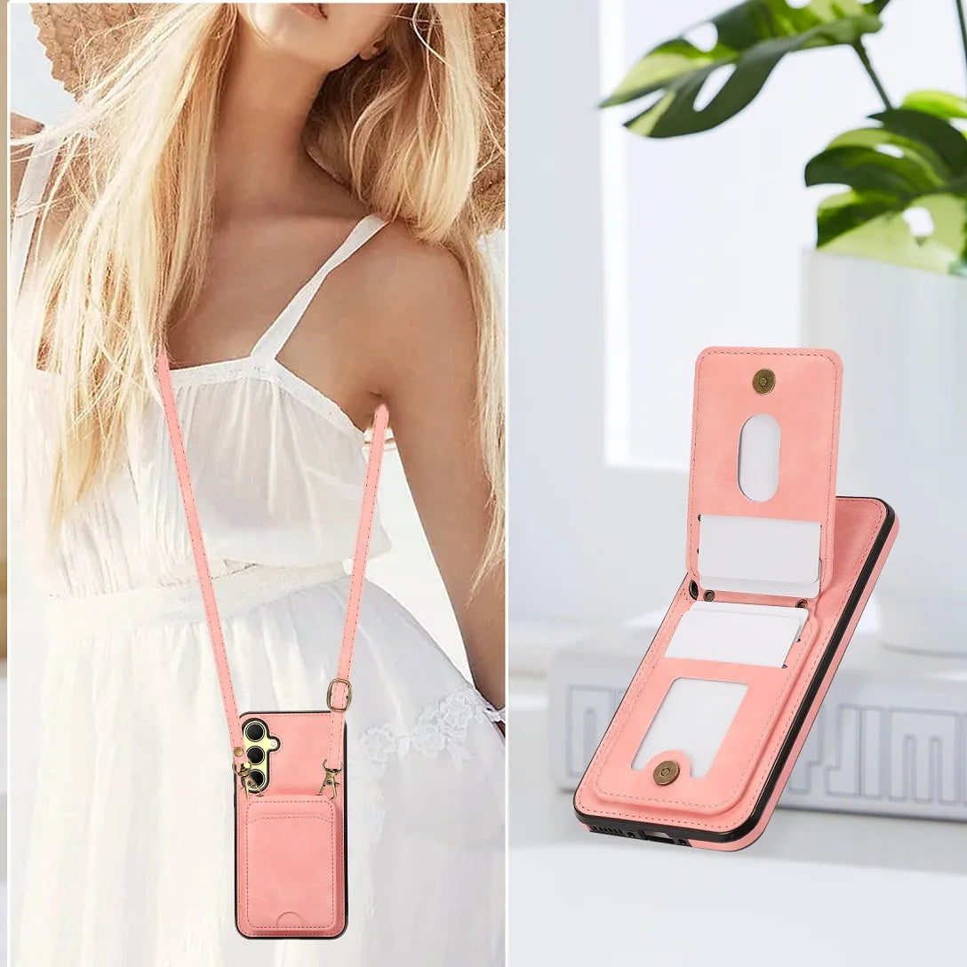 Shoulder Lanyard Leather Card Wallet Case For Samsung Galaxy S25 S24 S26 Ultra S23 S22Plus A57 A37 A17 A36 A56 Stand Phone Cover