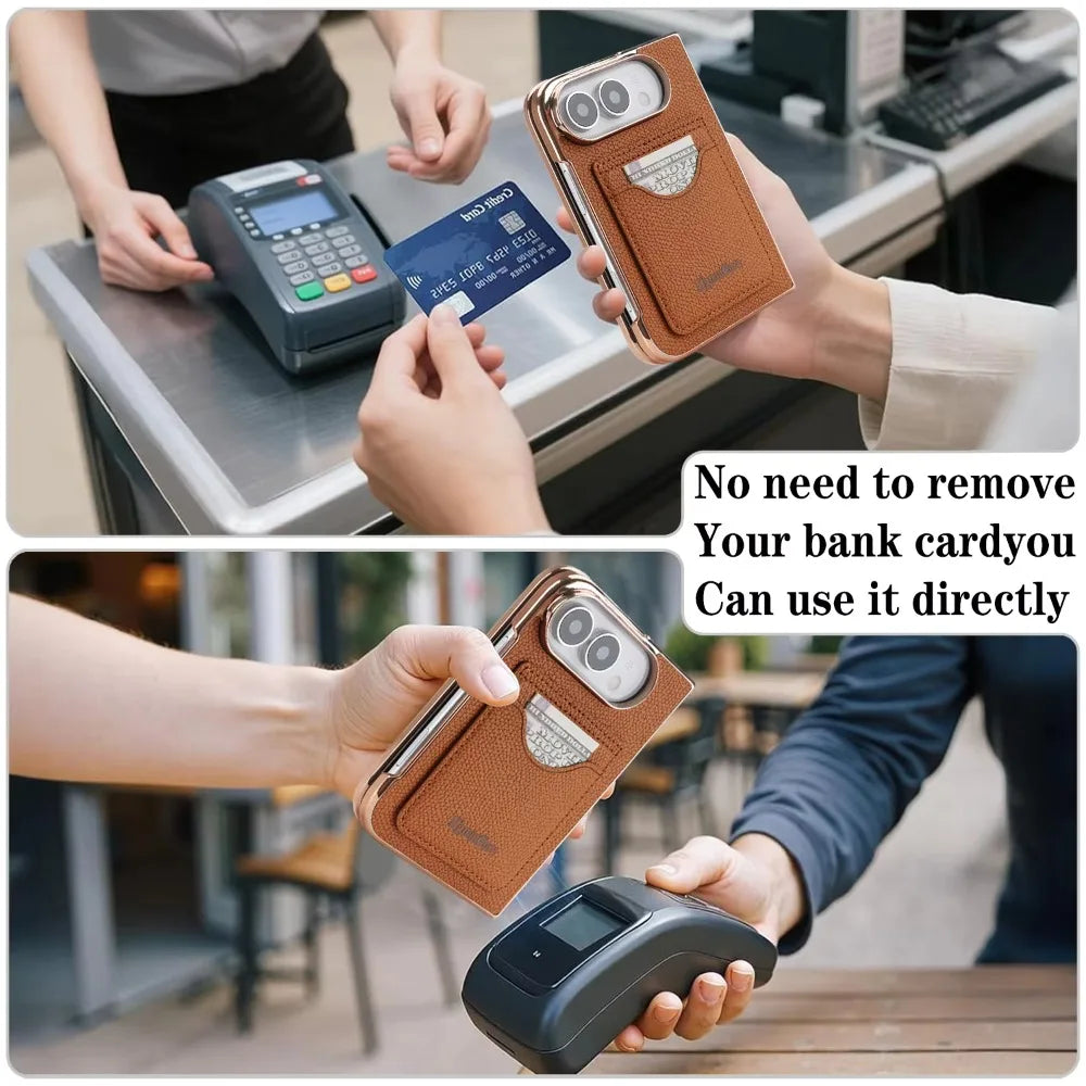 Matte PU Leather Card Phone Case For iPhone Duo 18 Fold Electroplated Frame Foldable Kickstand Drop Protection Cover