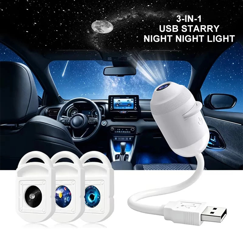 USB Starry Sky Projector Night Light 360° Adjustable Galaxy Atmosphere Lamp for Car Interior Home Bedroom Romantic Nightlight