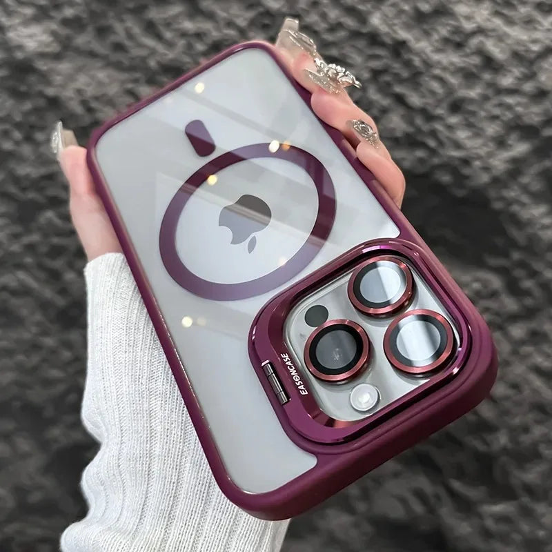 Luxury Magnetic Shockproof Phone Case For iPhone 16 15 14 13 12 17 18 Pro Max For Magsafe Funda Stand Glass Lens Protector Cover
