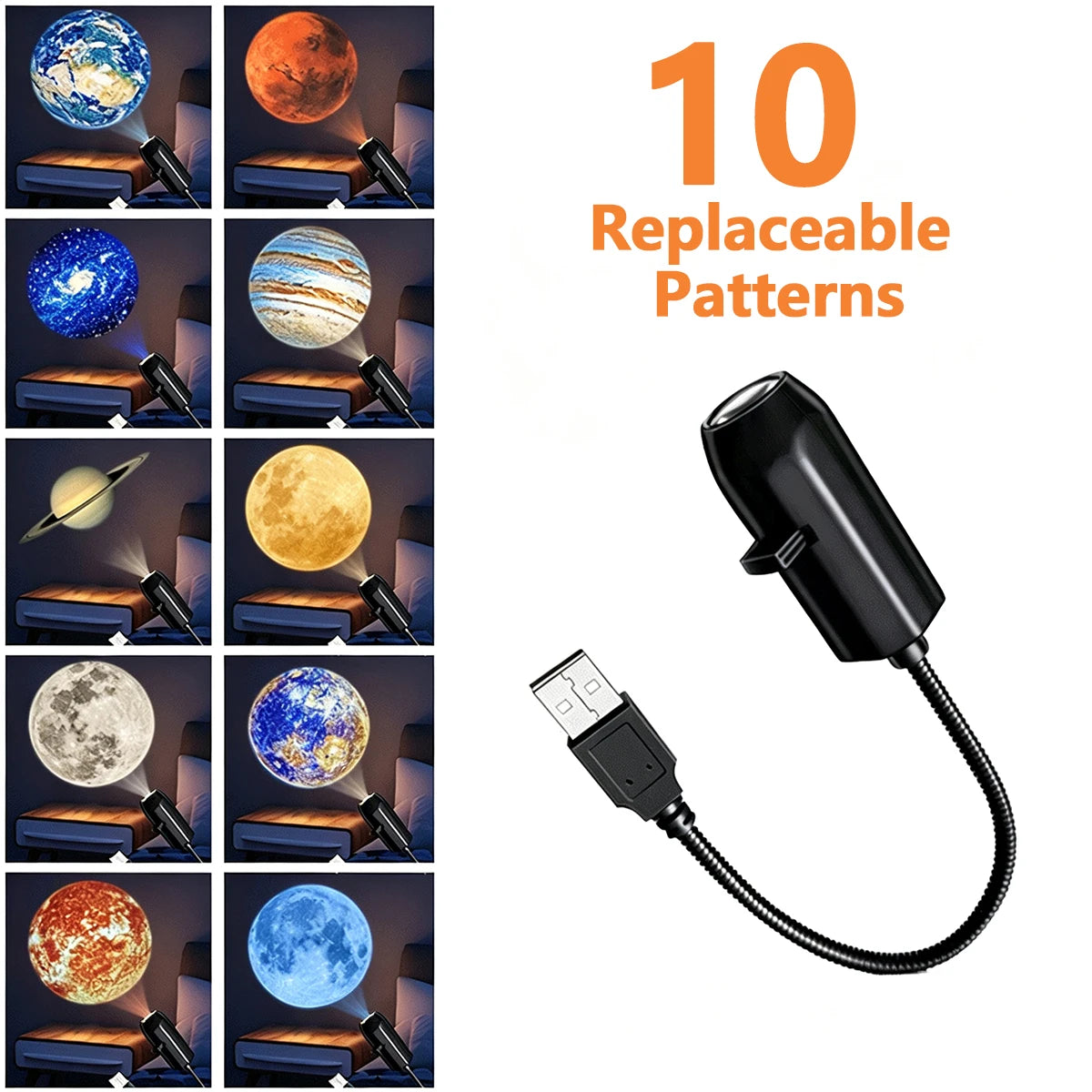 USB Starry Sky Projector Lamp 360° Rotatable Flexible Hose Planet Galaxy Projection Light with 17/12 Pcs Film Slides Bedroom