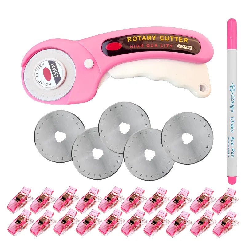 45mm Pink Patchwork Rotary Cutter - Color Sewing Clip - Color Sewing Pen, suitable for DIY crafts, fabrics, leather and quilting