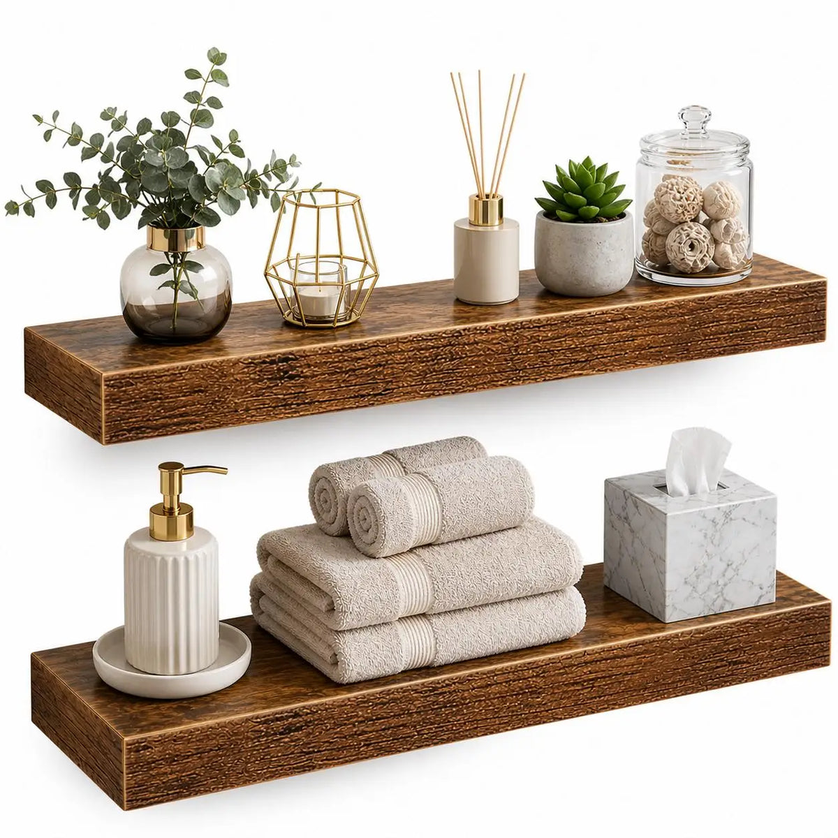 2Pcs Rustic Wooden Floating Shelves 16 Inch Wall Mounted Storage Rack Vintage Brown Wood Display Ledge Organizer Space Saving Shelf for Bathroom Bedroom Kitchen Living Room Home Decor