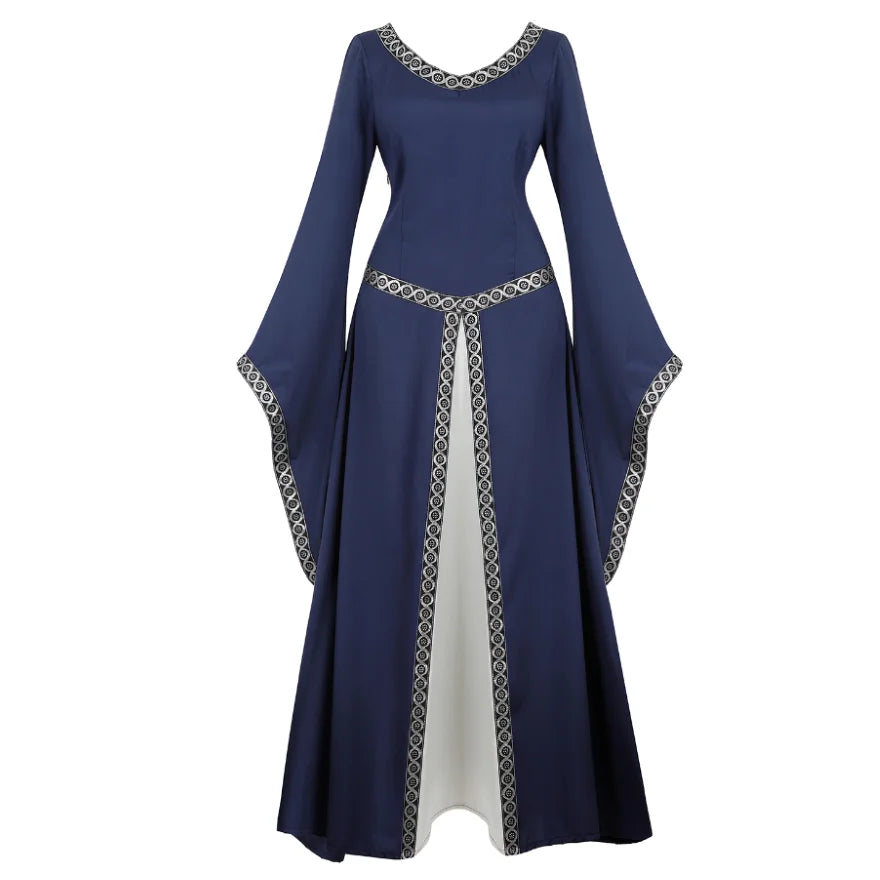 Women Medieval Renaissance Trumpet Sleeve Retro Loor Length Gown Lace Trim Irish Over Long Dress Halloween Costume Plus Size