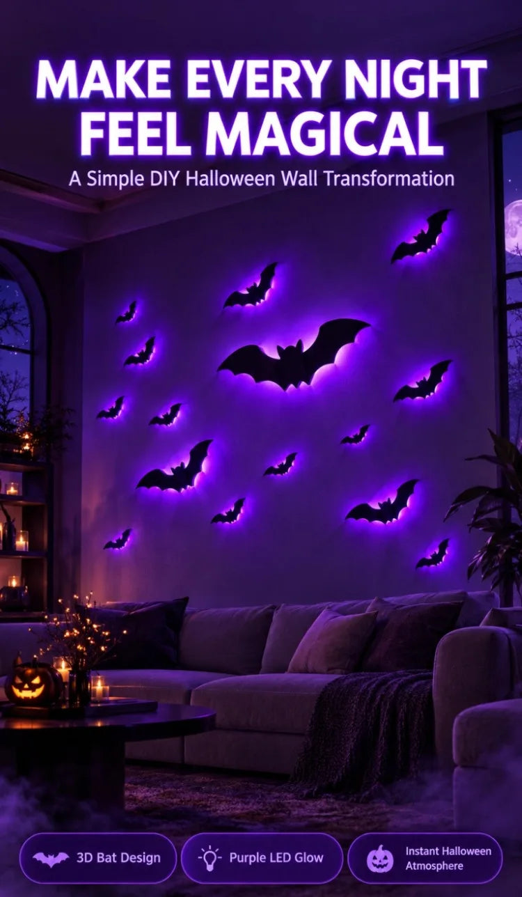 Halloween 3D Bat LED Night Light Wall Decal Self-adhesive LED Wall Decor Lamp Light Up Flashing Modes for Party Indoor Decor