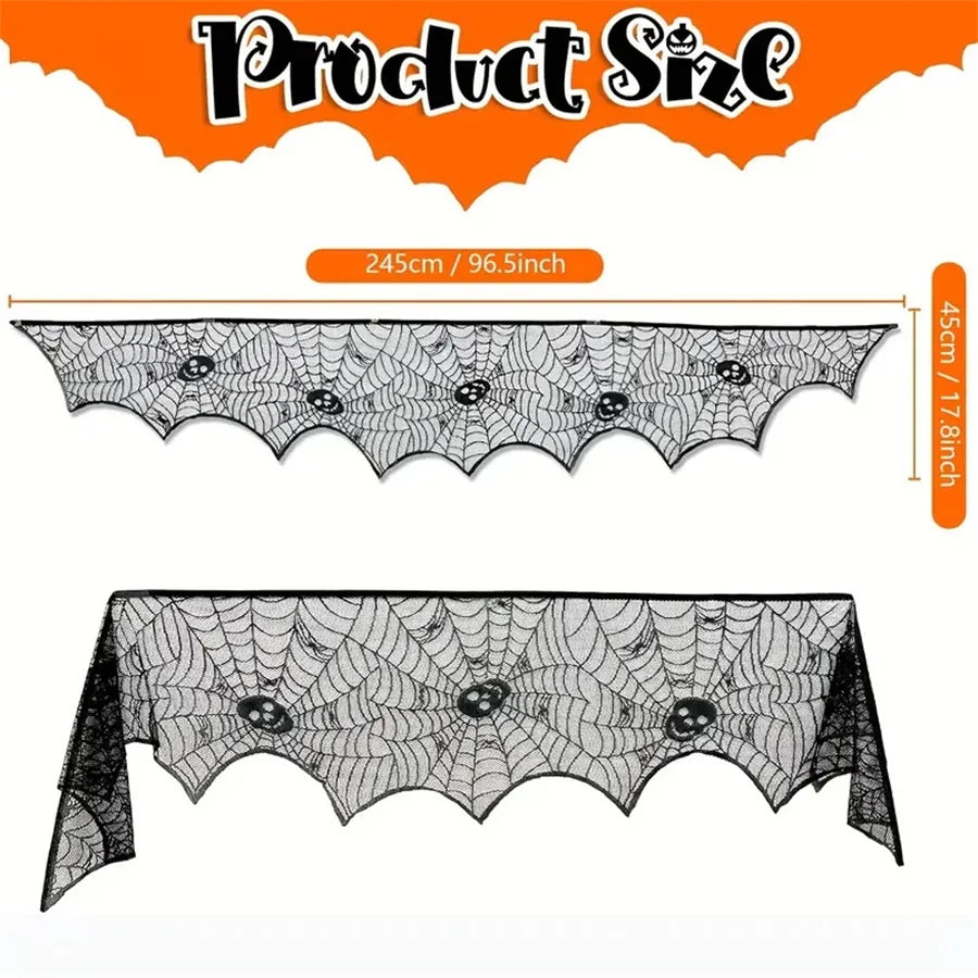 1pc Halloween Lace Mantel Scarf Spider Web Ghost Edge Fireplace Table Runner Decor, Party Atmosphere Decorative Tablecloth
