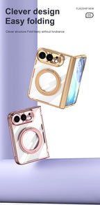 For iPhone Duo Transparent Magnetic Case For MagSafe 360° Rotating Bracket Hinge Protection Cover With Tempered Glass Film