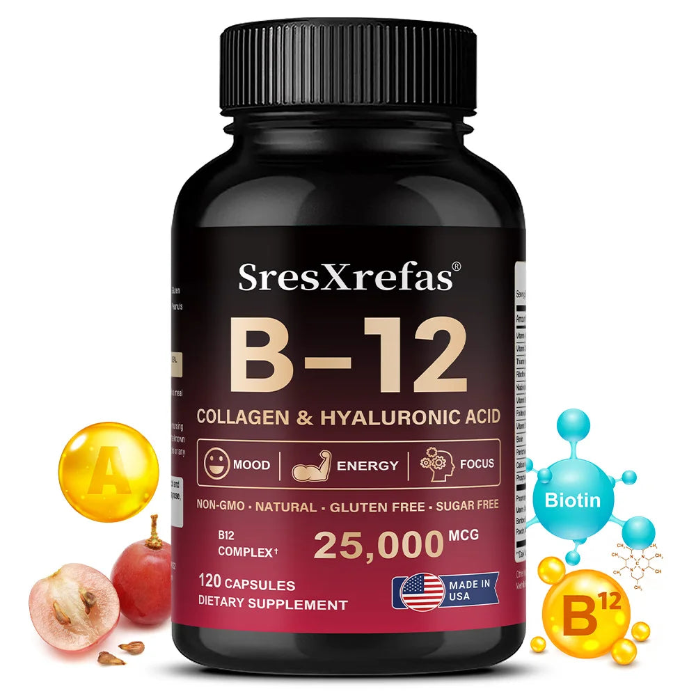 Vitamin B12 with Collagen,  Hyaluronic Acid - Supports Energy, Focus, Mood, Nervous System & Immune Health, Relieves Fatigue
