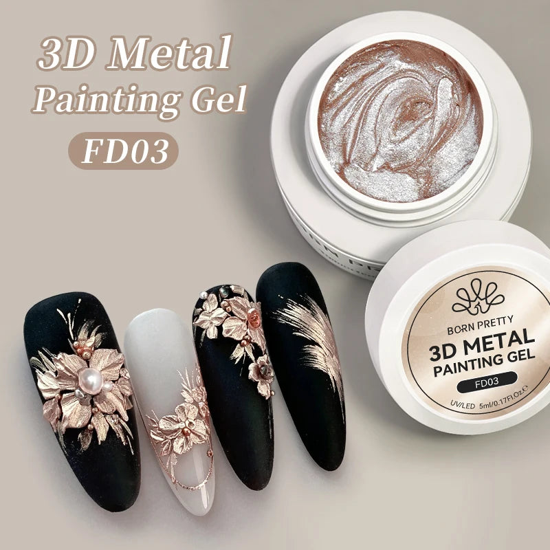 BORN PRETTY 5ml 3D Metal Painting Gel Embossed Nail Gel Polish Plaster Texture Drawing Carving Gel Nail Art Manicure Supplies