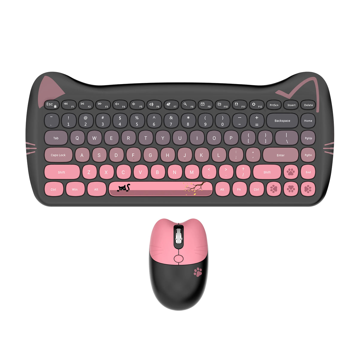 GEEZER Wireless Silent Keyboard Mouse Combo, Pink-Black Cat Ear Retro Round Keycaps US QWERTY Layout